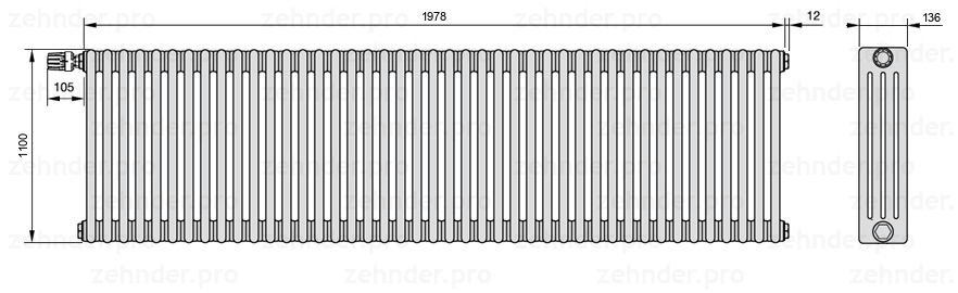 Схема (чертеж) Радиатор Zehnder Charleston 4110/43 №V012 Белый глянцевый RAL 9016